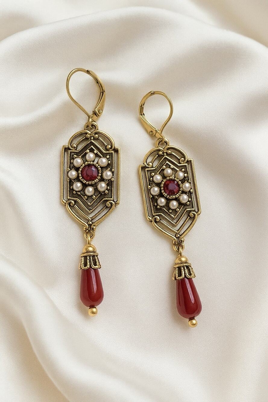 Museum Pearl Earrings Revival Geometric Gold Boho Red Court VTG Royal Palace CZ
